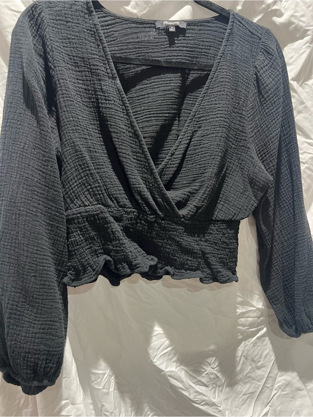 Mossimo Supply Co. Black Smocked Wrap-Front Long Sleeve Top
